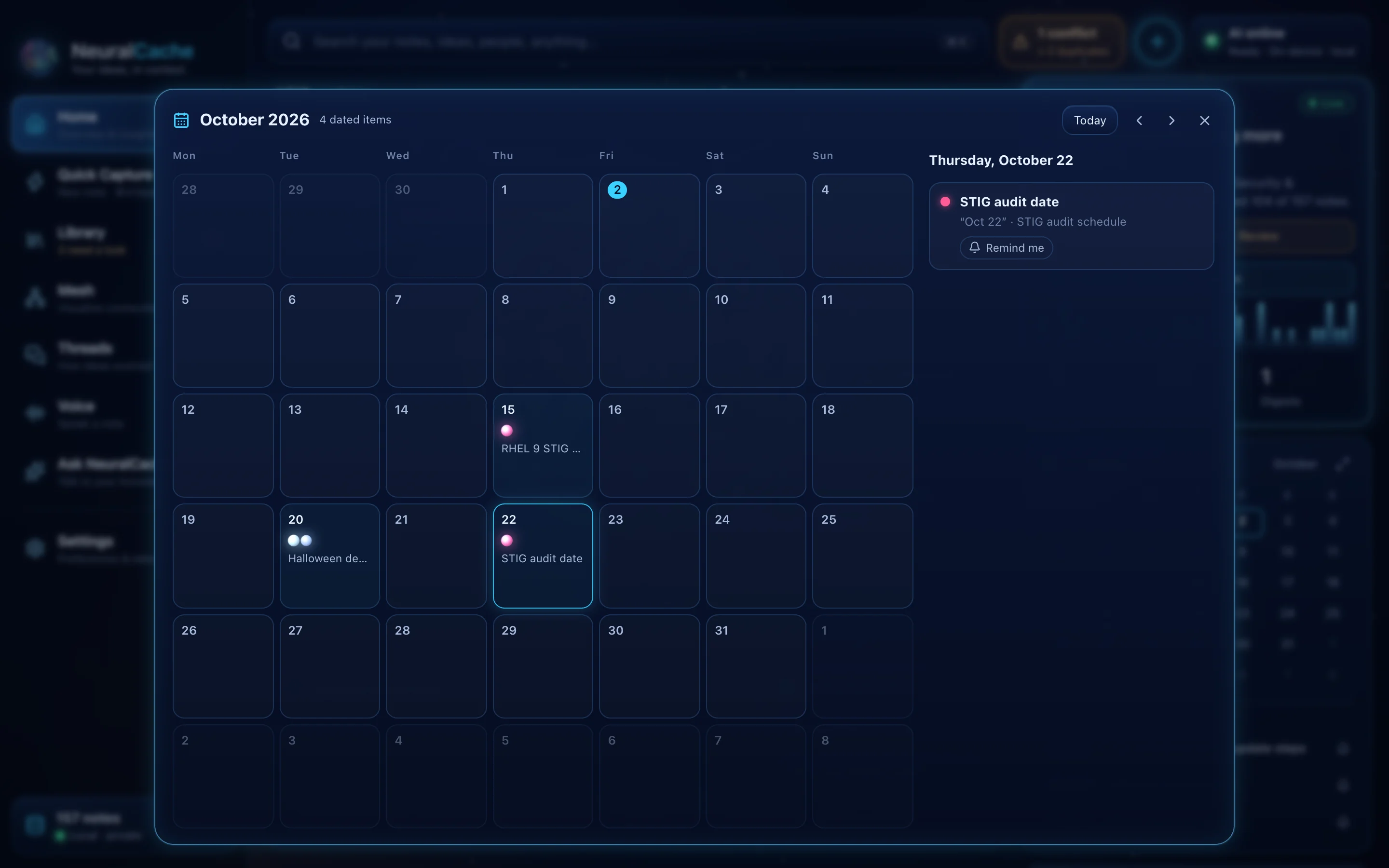 A month calendar with glowing dots on dated days and the notes for the selected day.