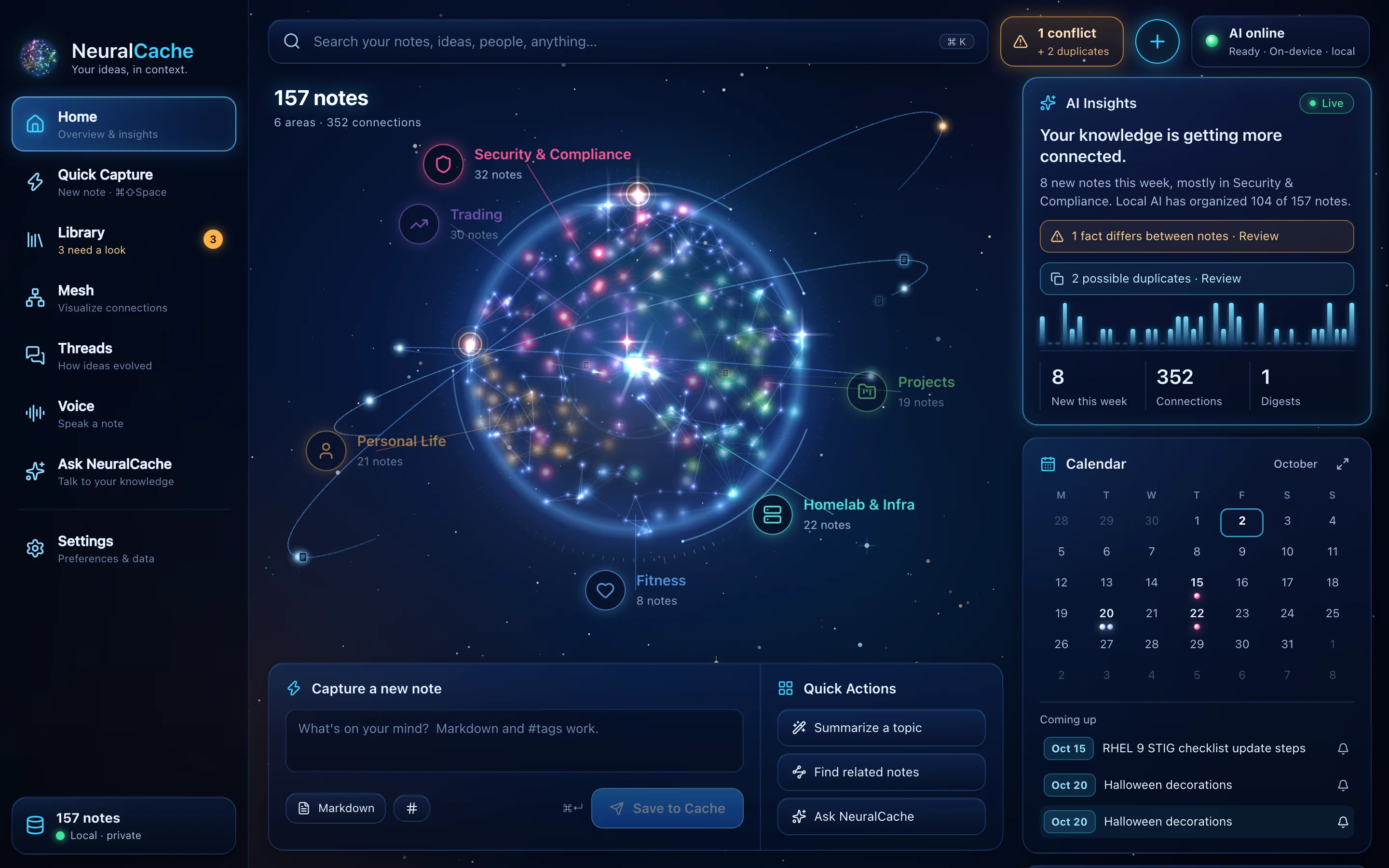 NeuralCache's home screen: your notes as a glowing sphere of topics, AI insights, a calendar of what's due, and quick capture.