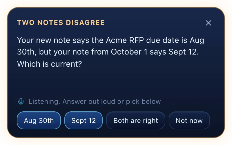 A card asking which of two dates is current, while NeuralCache listens for a spoken answer.